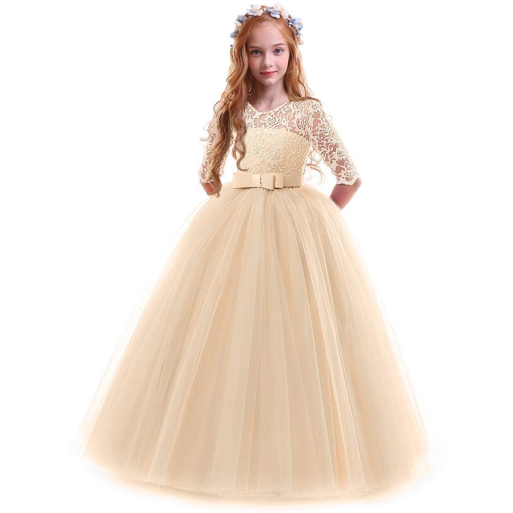 ABEHIK Flower Girls Fall Wedding Guest Dress Vintage Lace 3/4 Sleeves Floor Length Dress Birthday Party Evening Formal Pegeant Dance Gown First Communion Tulle Tutu Dresses Champagne 5-6 Years