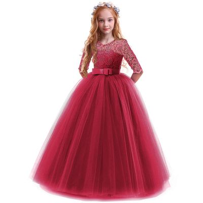 ABEHIK Girls Flower Vintage Floral Lace 3/4 Sleeves Floor Length Dress Wedding Party Evening Formal Pegeant Dance Gown First Birthday Communion Tulle Tutu Dresses Wine Red 9-10 Years