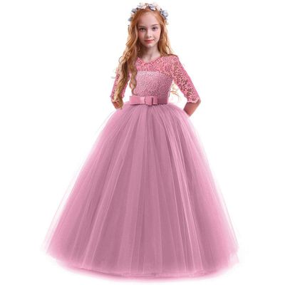 ABEHIK Flower Girls Fall Wedding Guest Dress Floral Lace 3/4 Sleeves Floor Length Dress Birthday Party Evening Formal Pegeant Dance Gown First Communion Tulle Tutu Dresses Bean Pink 9-10 Years