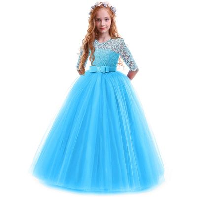 ABEHIK Girls Flower Vintage Floral Lace 3/4 Sleeves Floor Length Dress Wedding Party Evening Formal Pegeant Dance Gown First Birthday Communion Tulle Tutu Dresses Dark Blue 5-6 Years