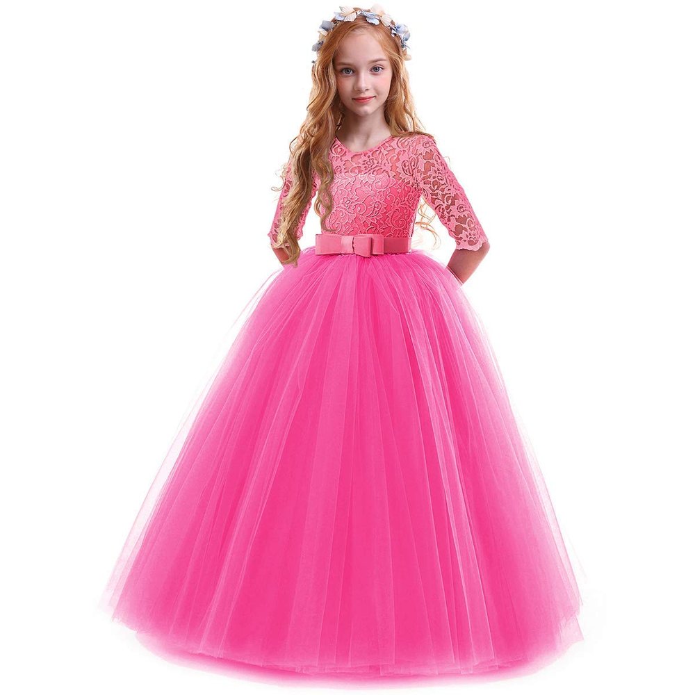 ABEHIK Flower Girls Fall Wedding Guest Dress Vintage Lace 3/4 Sleeves Floor Length Dress Birthday Party Evening Formal Pegeant Dance Gown First Communion Tulle Tutu Dresses Hot Pink 5-6 Years