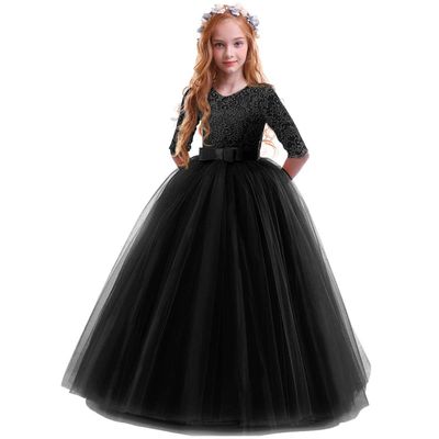 ABEHIK Flower Girls 3/4 Sleeve Lace Tulle Communion Pageant Dresses Vintage Floral Wedding Bridesmaid Tutu Dress Floor Length Birthday Party Evening Formal Dance Ball Gown Black 2-3 Years