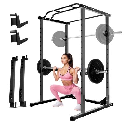 Squat Rack with Protection Arm, 1200 Lbs Capacitys All in One Power Cage, 44.3 x 45.6 x 81.5 Inch, 14.0 sq.ft Footprint Adjustable Fitness Power Gym Cage for Home Gym (BLACK)