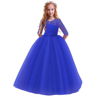 ABEHIK Flower Girls Fall Wedding Guest Dress Vintage Floral Lace 3/4 Sleeves Floor Length Dress Birthday Party Evening Formal Pegeant Dance Gown First Communion Tulle Tutu Dresses Blue 9-10 Years