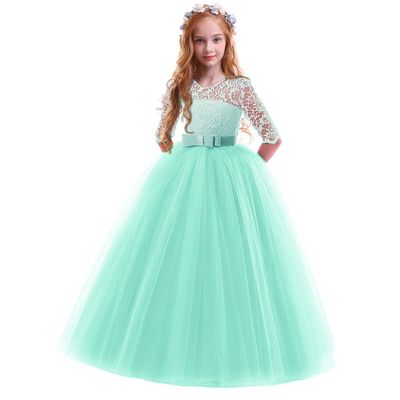 ABEHIK Girls Flower Vintage Floral Lace 3/4 Sleeves Floor Length Dress Wedding Party Evening Formal Pegeant Dance Gown First Birthday Communion Tulle Tutu Dresses Mint Green 5-6 Years