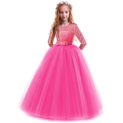 ABEHIK Flower Girls Fall Wedding Guest Dress Vintage Lace 3/4 Sleeves Floor Length Dress Birthday Party Evening Formal Pegeant Dance Gown First Communion Tulle Tutu Dresses Hot Pink 9-10 Years