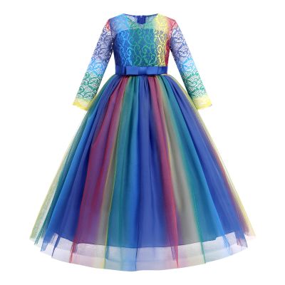 ABEHIK Girls Flower Vintage Floral Lace 3/4 Sleeves Floor Length Dress Wedding Party Evening Formal Pegeant Dance Gown First Birthday Communion Tulle Tutu Dresses Blue Rainbow 2-3 Years