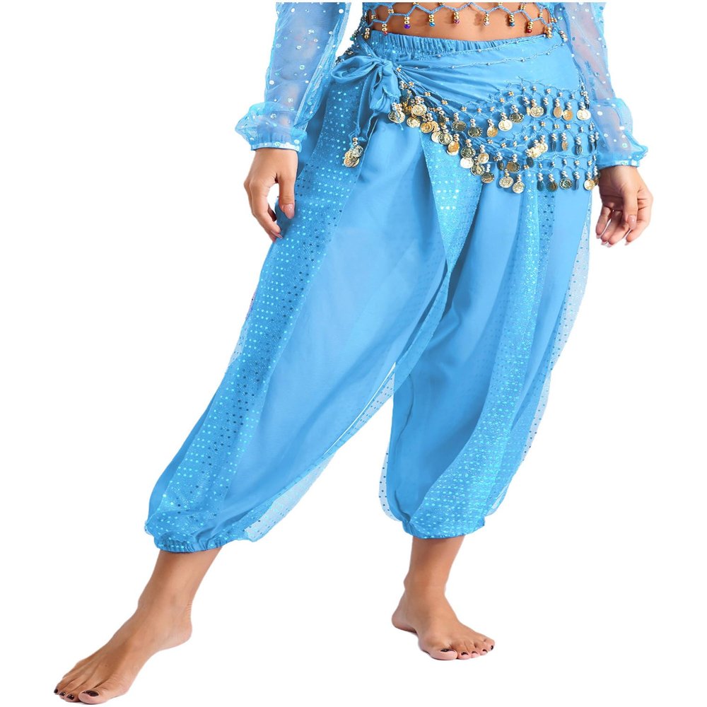 ACSUSS Women Belly Dance Pants Loose Belly Dancing Costume Halloween Bloomers Pants with Hip Scarf Light Blue X-Large