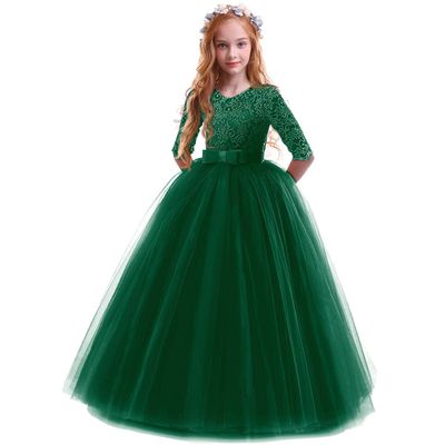 ABEHIK Girls Flower Vintage Floral Lace 3/4 Sleeves Floor Length Dress Wedding Party Evening Formal Pegeant Dance Gown First Birthday Communion Tulle Tutu Dresses Dark Green 9-10 Years