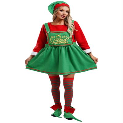 Agoky Womens 4PCS Christmas Elf Costume Set Christmas Dress Thigh High Socks Santa Hat and Shoes Green Small