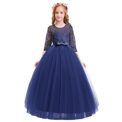 ABEHIK Girls Flower Vintage Floral Lace 3/4 Sleeves Floor Length Dress Wedding Party Evening Formal Pegeant Dance Gown First Birthday Communion Tulle Tutu Dresses Navy Blue 2-3 Years