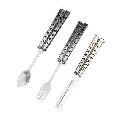 2PCS Butterfly Fork Spoon Set Folding Stainless Steel Butterfly Fork Spoon Camping Cutlery Set for Camping Travel Outdoor BBQ(Spoon+fork+Comb)