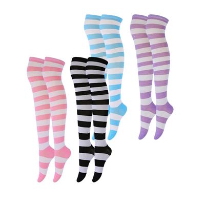 Kalastussaari Women Over Knee Socks Thigh High Striped Socks Cosplay Extra Long Socks Stockings 4Pair, Knee high Socks
