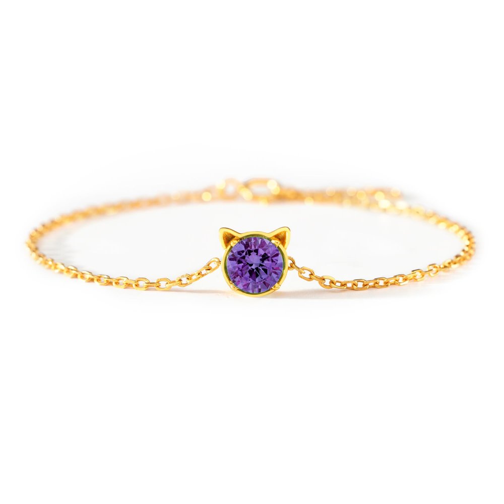 STORYJEWELLERY Sterling Silver Cat Bracelets for Women, 18K Gold Plated February Birthstone Bracelets for Women, Dainty Cute Charm Bracelet, Graduation and Birthday Gifts for Her