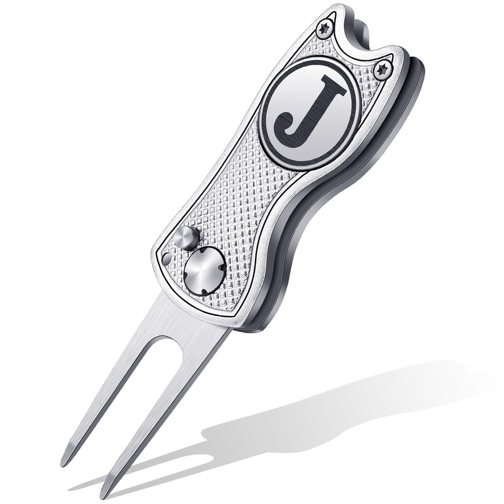 Sonwyoung Golf Divot Repair Tool with Letter Custom Monogrammed Initial Ball Marker Divot Tool New Year Golf Gifts Foldable Metal with Magnetic Putt Alignment for Men Father Golfer(Silver,Letter J)