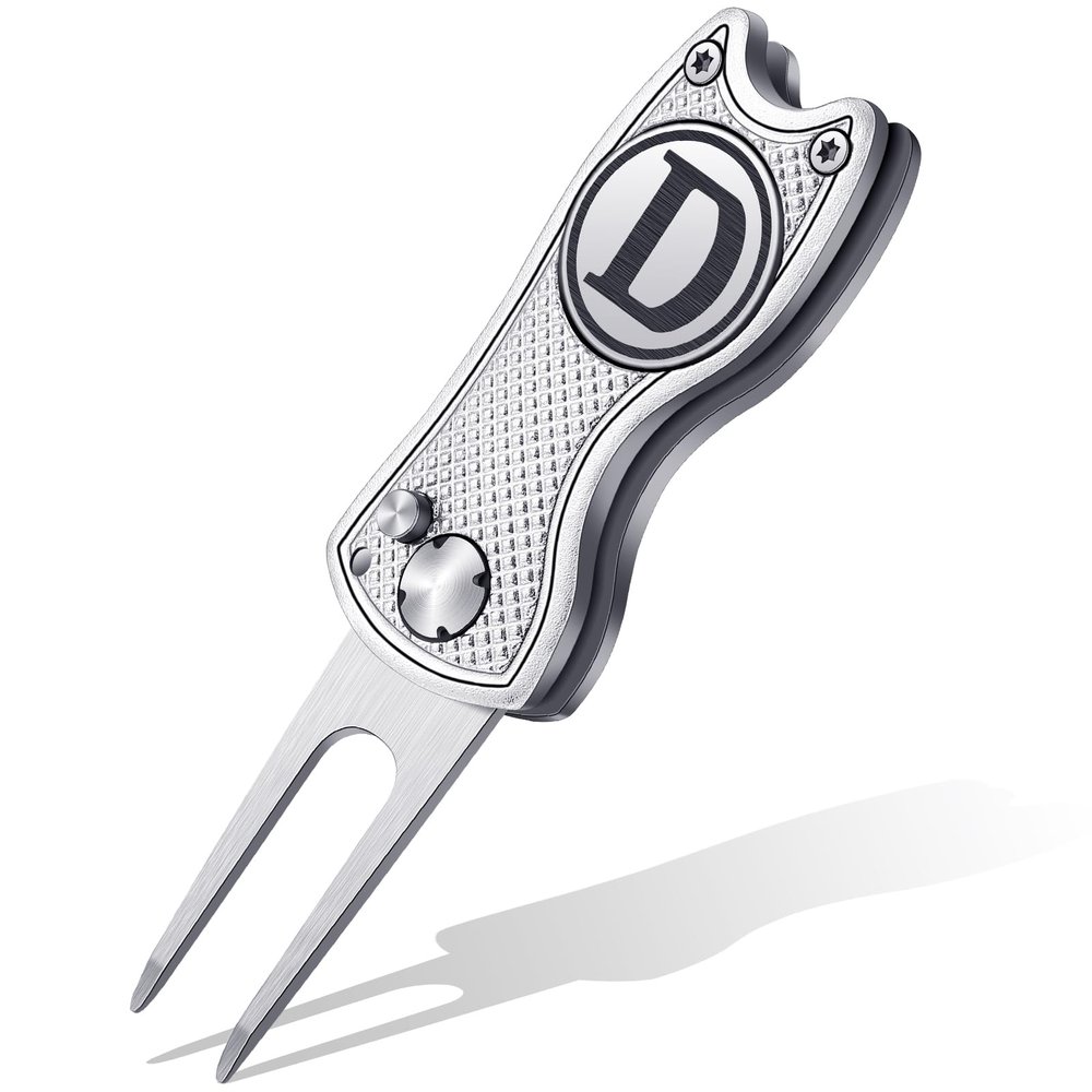 Sonwyoung Golf Divot Repair Tool with Letter Custom Monogrammed Initial Ball Marker Divot Tool New Year Golf Gifts Foldable Metal with Magnetic Putt Alignment for Men Father Golfer(Silver,Letter D)