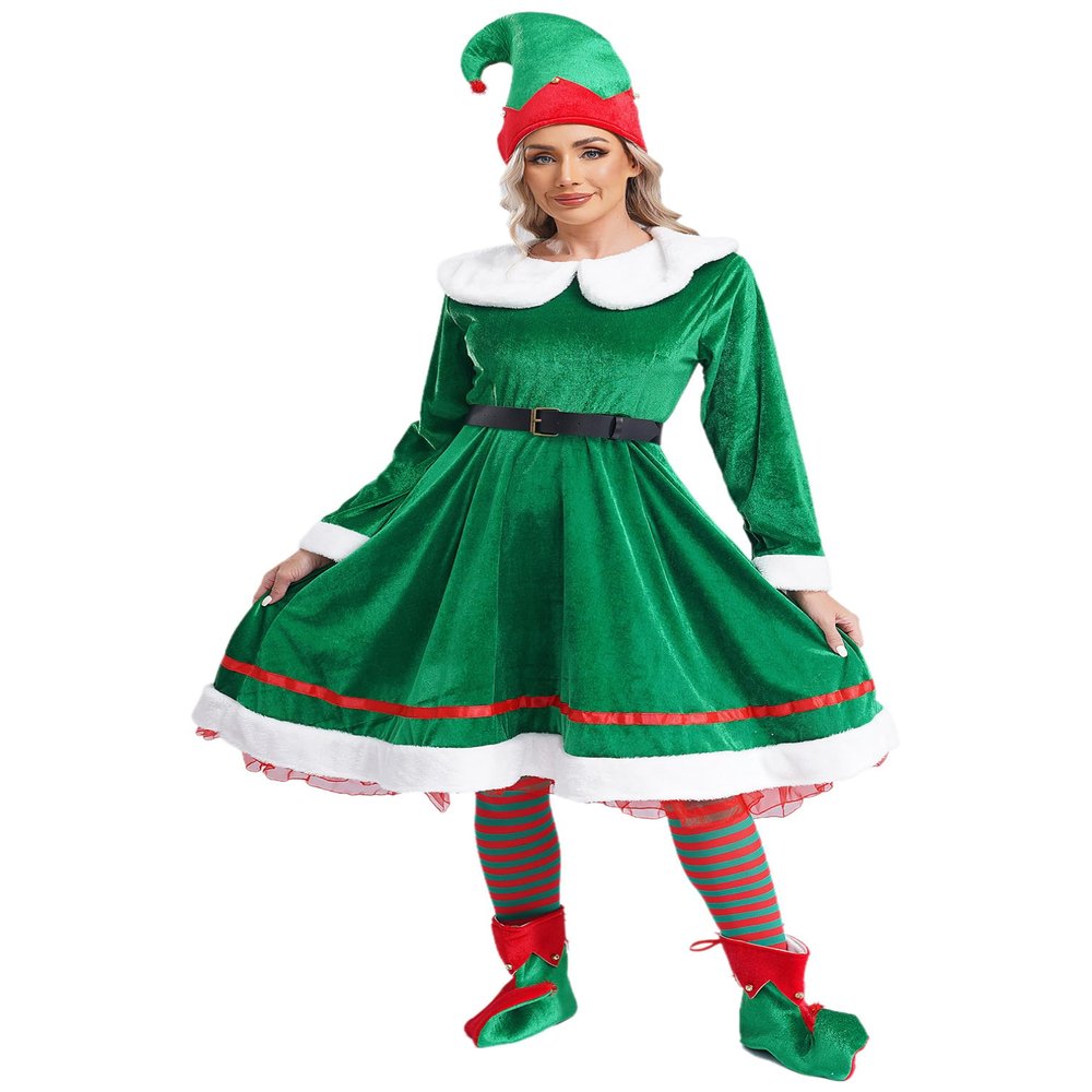 Agoky Womens Elf Costume 4-Piece Set Long Sleeve Elf Dress Back Zipper Dress with Stockings Belt Hat and Elf Shoes Green XX-Large