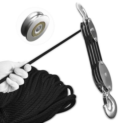 SALIFTFE Block and Tackle Pulley System, Upgraded 3-Wheel Rope Pulley Hoist, 5:1 Lifting Power, 1100LB Work Load with 55Ft of 1/4" Rope, Ultra-Compact Rope Hoist for Garage, Hunting, and Heavy Lifting