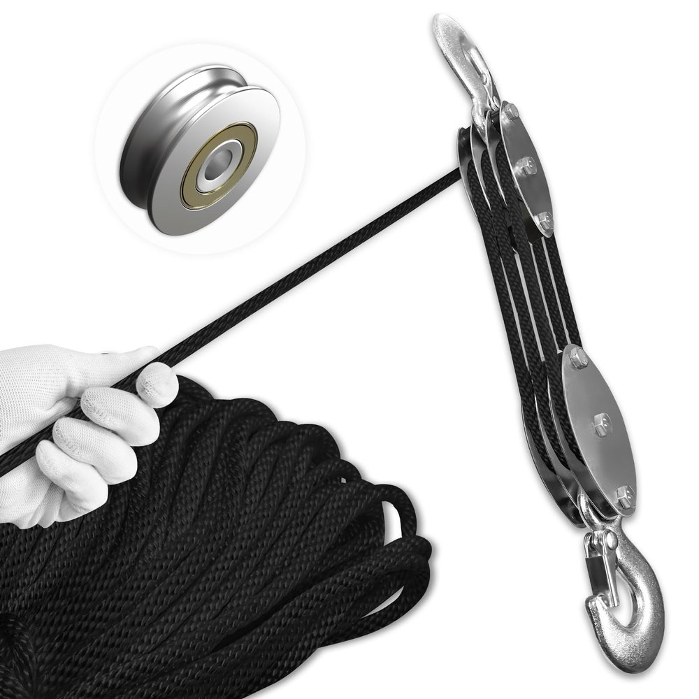 SALIFTFE Block and Tackle Pulley System, Upgraded 3-Wheel Rope Pulley Hoist, 5:1 Lifting Power, 1100LB Work Load with 55Ft of 1/4" Rope, Ultra-Compact Rope Hoist for Garage, Hunting, and Heavy Lifting