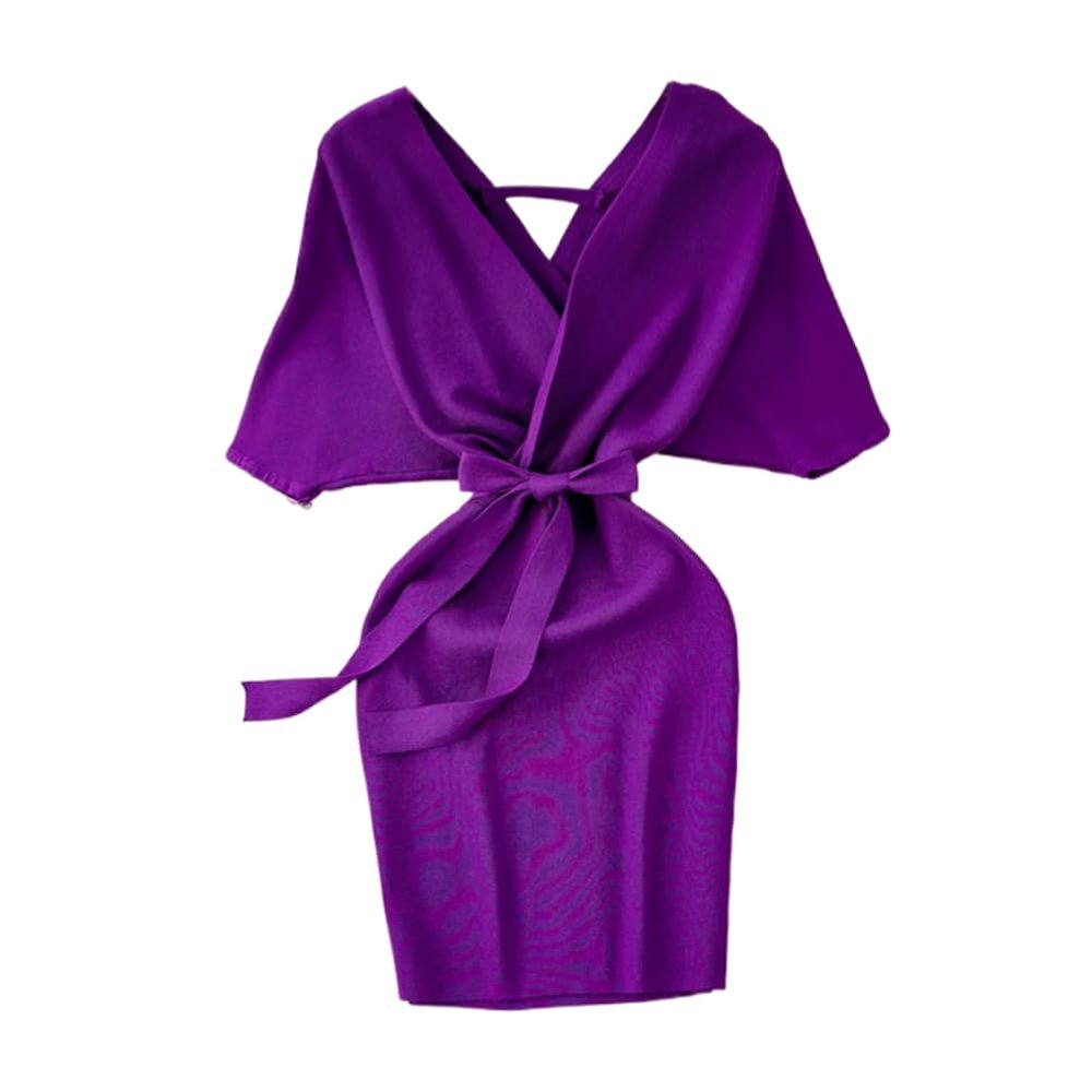 LIXINGHEITANG Spring Summer Women Knitted Sweater Dress Short Sleeve Black Street Ladies s4 Purple M