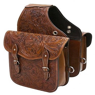 AD Saddlery Cowhide Genuine Leather Western Equestrian Trail Tooling Carving Horse Saddle Bag Tooled Carved Pack Equipment Horse Saddle Bags Size: 10 L x 10 W x 3  D inches BAG104