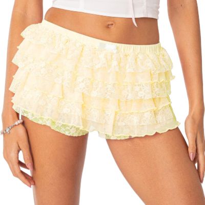 NUFIWI Women Lolita Bloomers Yellow Ruffle Shorts Cute Lace Pumpkin Pants Sexy Boyshorts Layered Bottoms Y2k Fairy Sweet Pettipants(Fit Yellow,L)