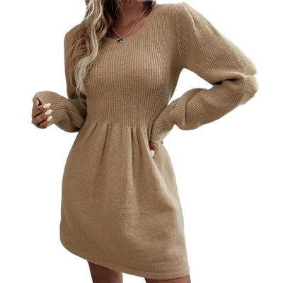 LIXINGHEITANG Solid Knit Sweater Dress, Elegant Long Sleeve A-Line Women Clothing s1 S