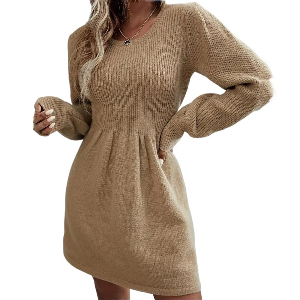 LIXINGHEITANG Solid Knit Sweater Dress, Elegant Long Sleeve A-Line Women Clothing s1 S