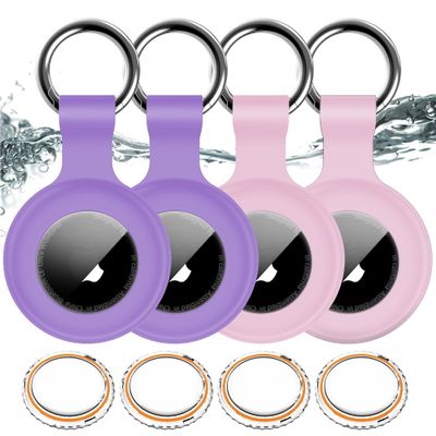 1|2|4Pack for Apple AirTag Holder,for Air Tag 2nd &1st Genaretion,Waterproof GPS Tracker Air Tag Keychain with Cover Anti-Scratch Silicone for Air-Tag Case for Pets,Luggages-Pink+Pink+Purple+Purple