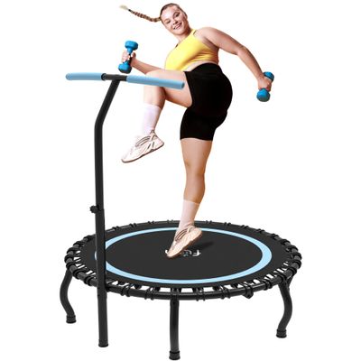Jump Into Fun 40" Rebounder Mini Tranpoline Indoor for Adults, 330LBS Foldable Fitness Tranpoline Adults with Adjustable T-Bar Handle, Slient Exercise Rebounder for Indoor/Garden Workout, Blue