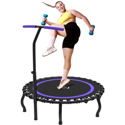 Jump Into Fun 48" Rebounder Mini Tranpoline Indoor for Adults, 330LBS Foldable Fitness Tranpoline Adults with Adjustable T-Bar Handle, Slient Exercise Rebounder for Indoor/Garden Workout, Purple