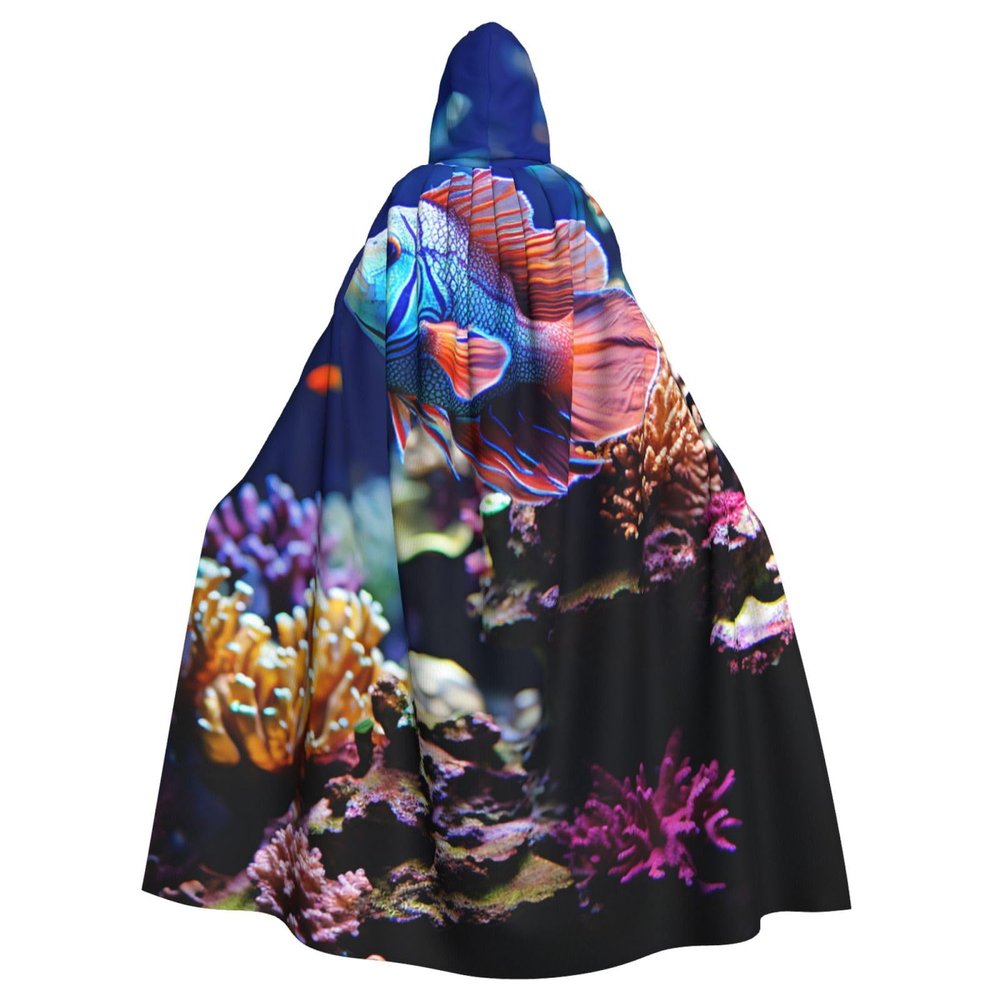 OUSIKA Unisex Full Length Halloween Hooded Cloak Coral Reef Fish Aquarium Hooded Robe Witch Cape for Halloween Cosplay Costume