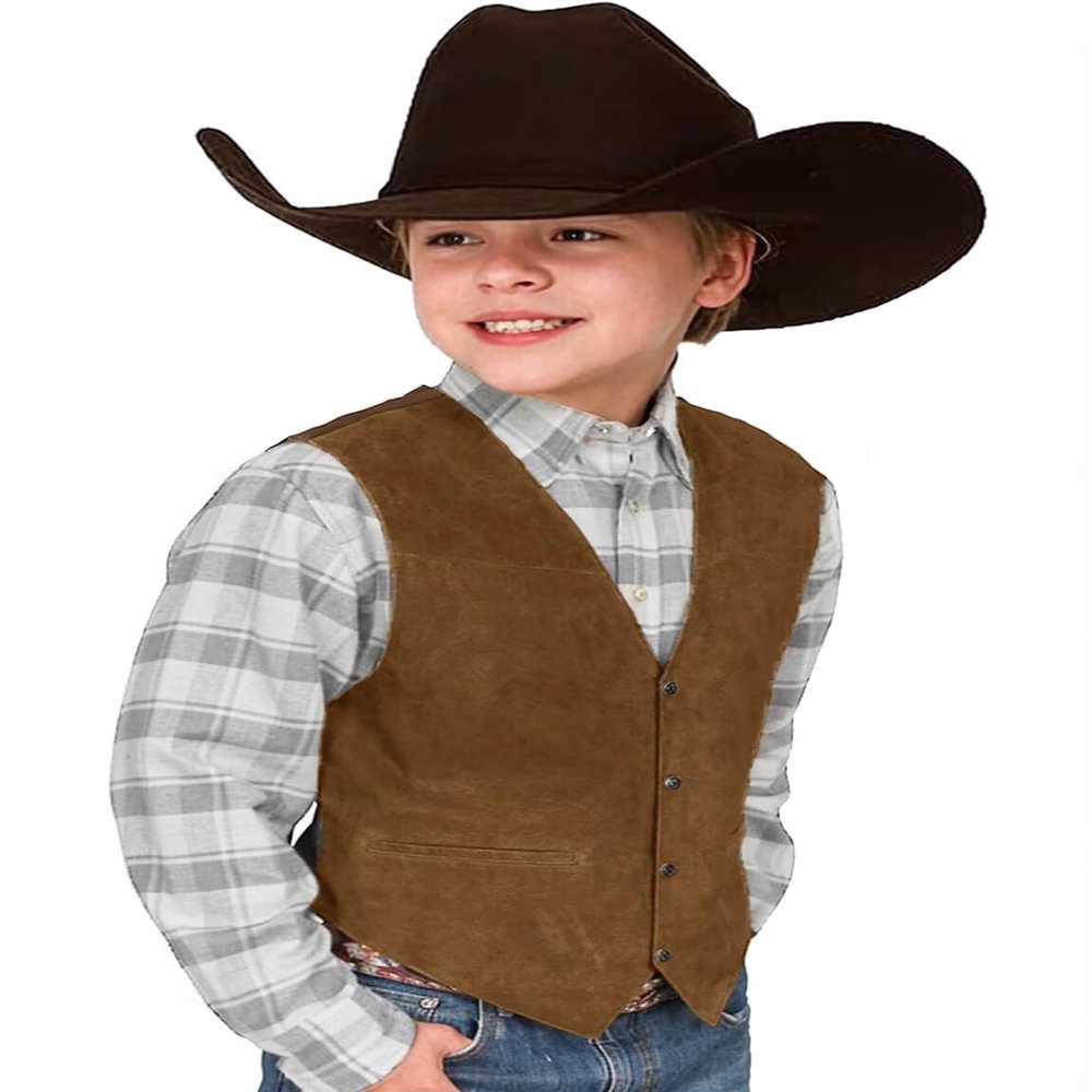 Tesscy Boys Western Vest for Kids Leather Brown Suede Cowboy Vest Retro Waistcoat Size 7