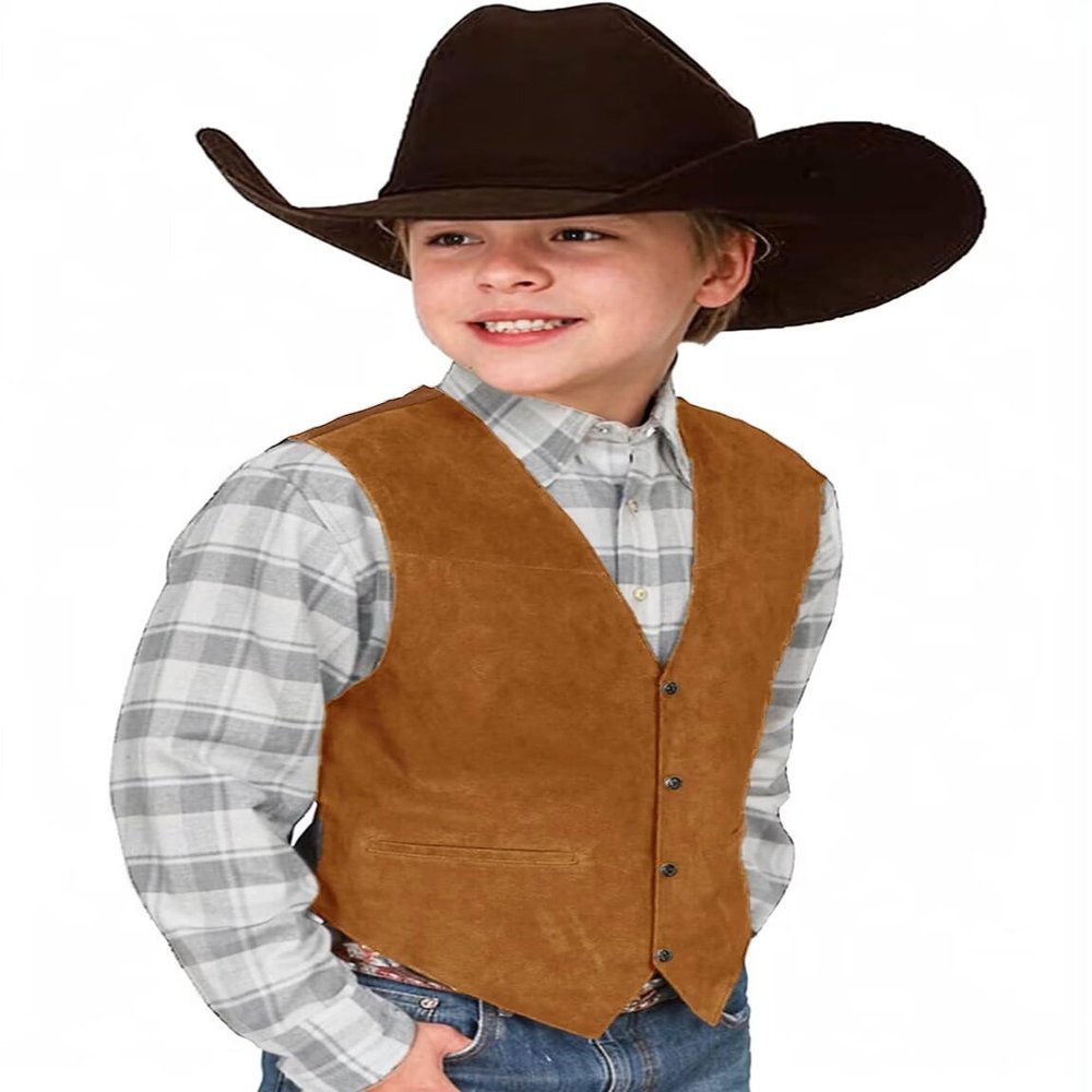 Tesscy Boys Western Vest for Kids Leather Khaki Suede Cowboy Vest Retro Waistcoat Size 7