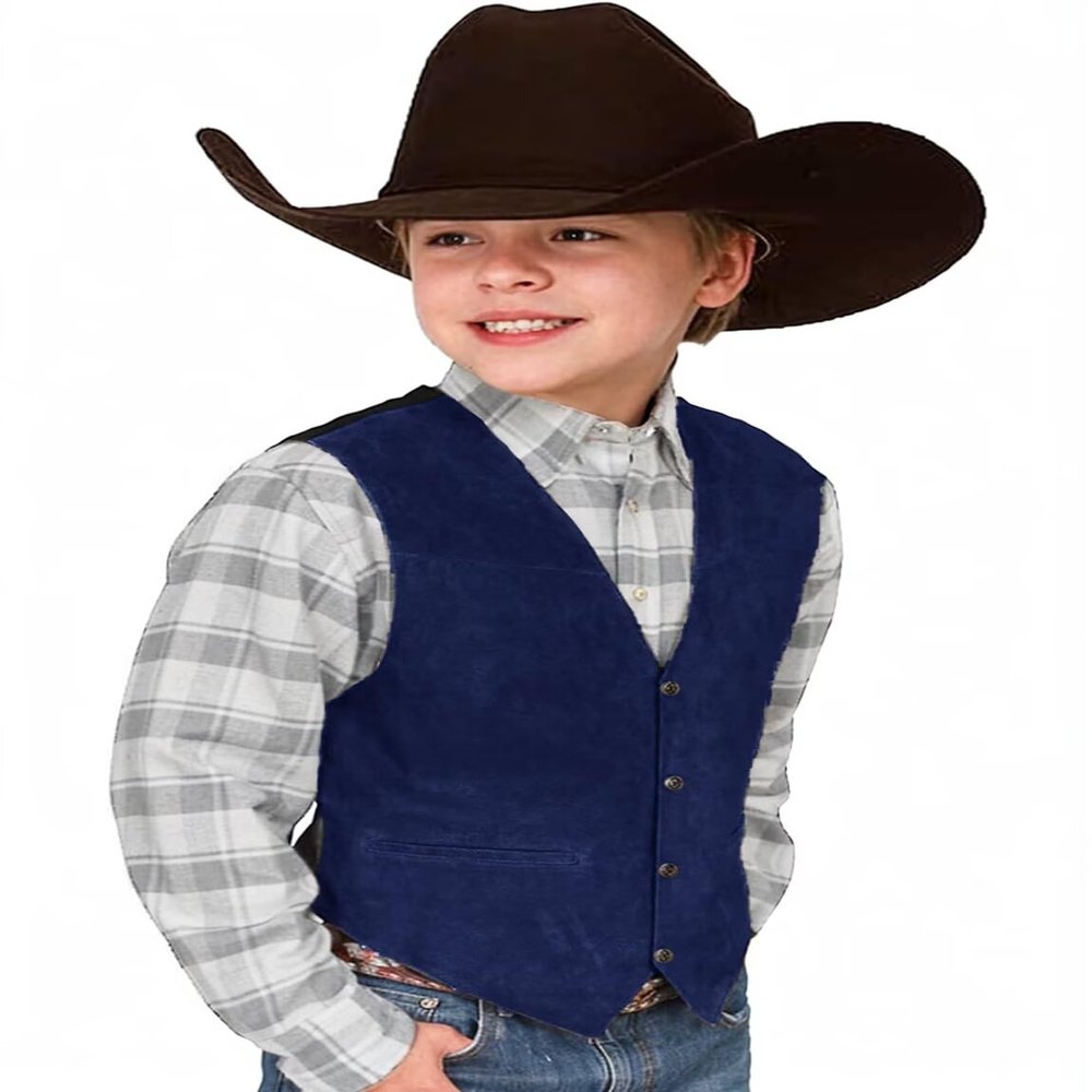 Boys Cowboy Vest for Kids Western Wear Suede Leather Vest Blue Waistcoat Size 8