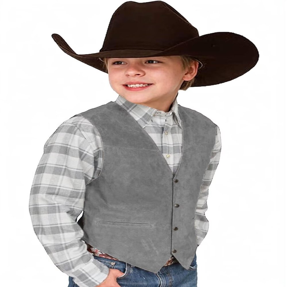 Boys Vests Suede Leather Cowboy Style Vest Western Retro Grey Waistcoat Size 12