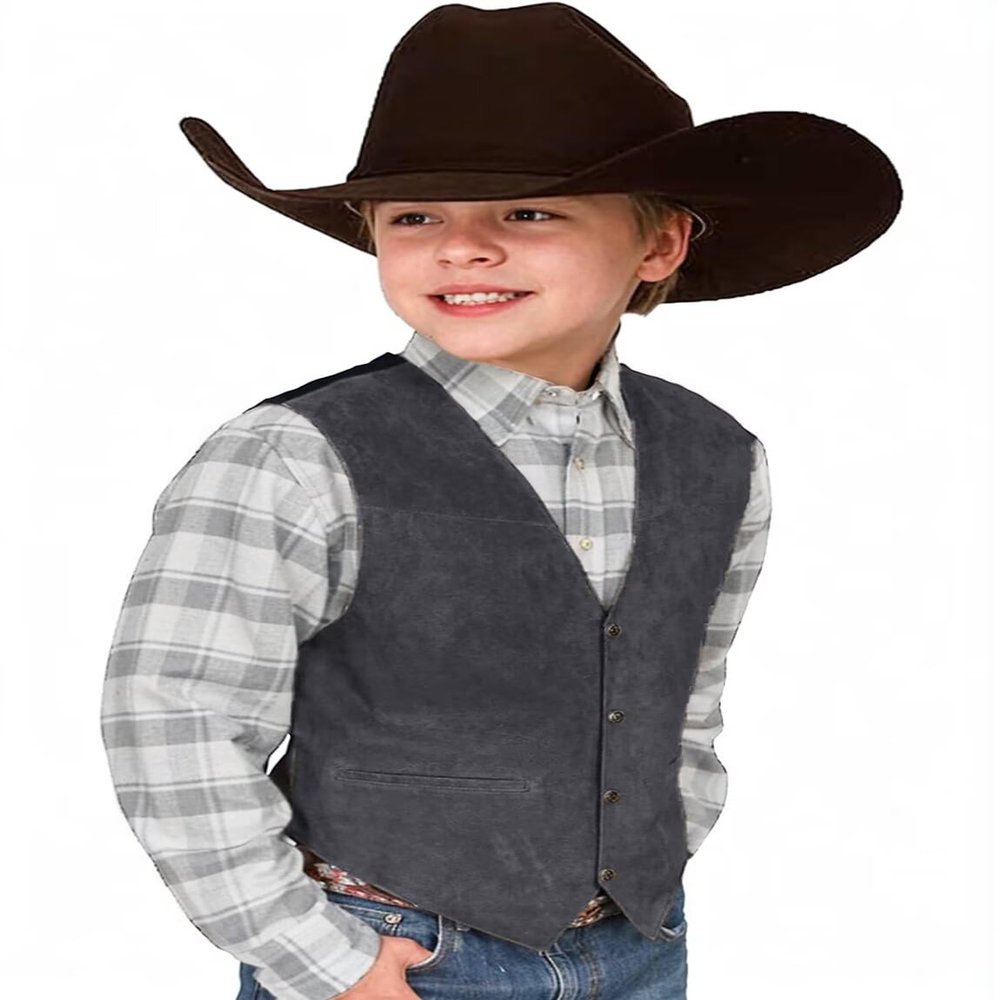 Boys Vest for Kids Leather Western Cowboy Gray Vest Retro Suede Waistcoat Size 4