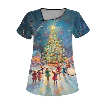 Christmas Scrub Tops for Women Stretchy Vneck Short Sleeve Cute Animals Xmas Printed Nurse Holiday Working Uniforms