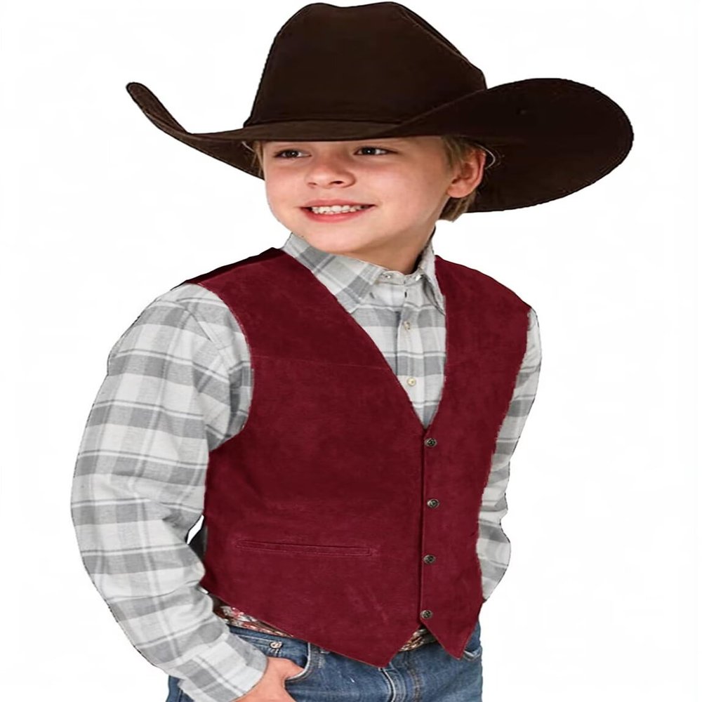 Toddler Cowboy Vest for Boys Western Suede Leather Burgundy Vest Retro Waistcoat Size 3