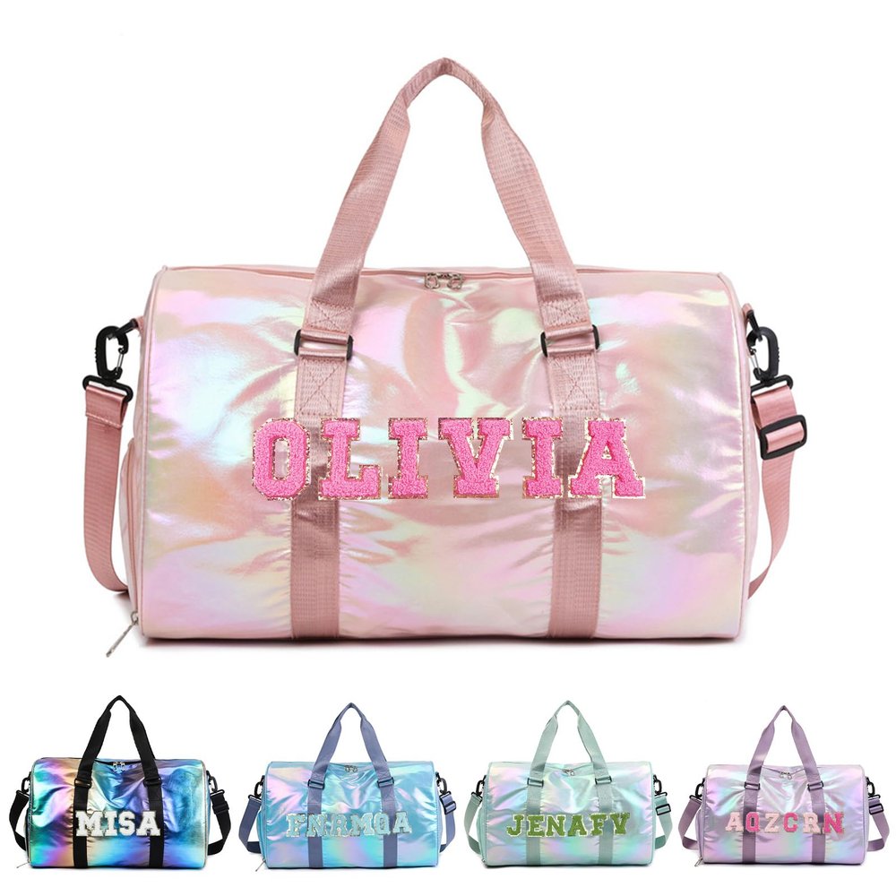 Custom Dance Bag for Girls with Sew Chenille Letter Name, Personalised Sport Duffle Bag for Gym Ballet with Wet Dry Pockets&Shoe Compartment, Travel Duffel Bag,Overnight Bag, Bridesmaid Gift,Birthday