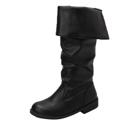 SACFOF Women Medieval Pirate Boots Round Toe Halloween Costume Boots Mid Calf Gothic Cosplay Boots Renaissance Boots