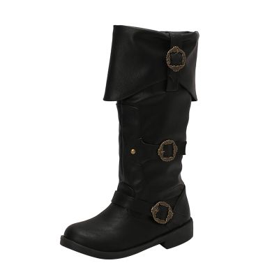 SACFOF Mid Calf Boots for Women Vintage Halloween Renaissance Costume Boots Goth Buckle Strap Gothic Steampunk Shoes