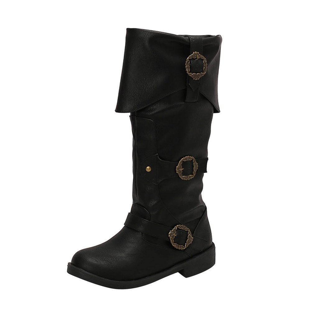 SACFOF Mid Calf Boots for Women Vintage Halloween Renaissance Costume Boots Goth Buckle Strap Gothic Steampunk Shoes