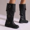 SACFOF Mid Calf Boots for Women Vintage Halloween Renaissance Costume Boots Goth Buckle Strap Gothic Steampunk Shoes view 2