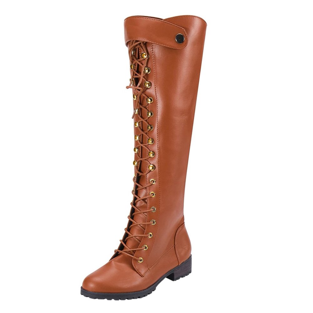 Women Over The Knee High Boots Lace-up Flat Long Boot Round Toe PU Leather Western Riding Knight Boots