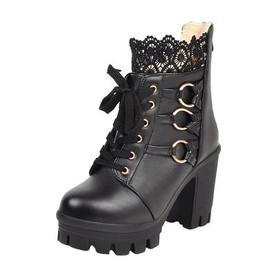 Womens Chunky Platform Ankle Boots Goth High Heel Lace Up Boots Lace Buckle Gothic Cosplay Back Zipper Punk Shoes