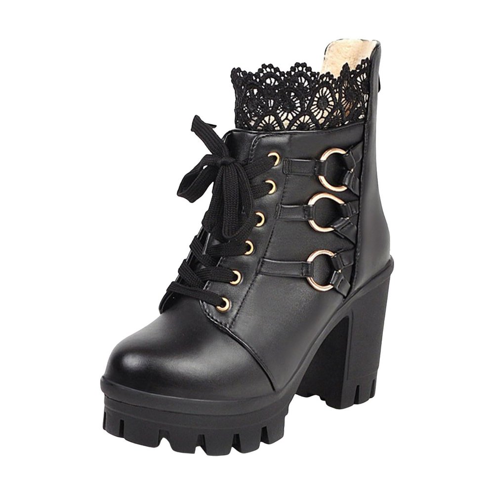 Womens Chunky Platform Ankle Boots Goth High Heel Lace Up Boots Lace Buckle Gothic Cosplay Back Zipper Punk Shoes