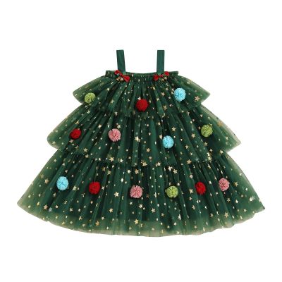 1-6Y Toddler Baby Girl Christmas Dress Star Pompom Layered Ruffle Tulle Mesh Dresses Little Kids Girls Cake Smash Dress Green