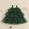 1-6Y Toddler Baby Girl Christmas Dress Star Pompom Layered Ruffle Tulle Mesh Dresses Little Kids Girls Cake Smash Dress Green view 3