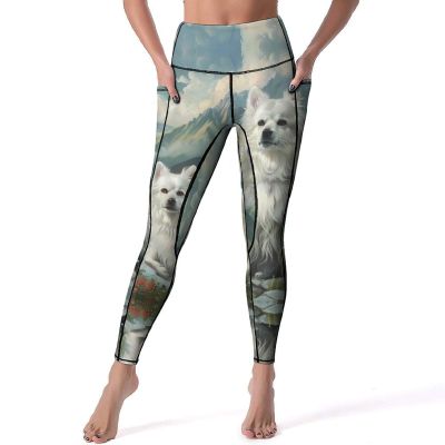 Americanes Eskimoess Dog Print Women's Yoga Pants High Waist Leggings Casual Pants with Pockets for Yoga Gym Workout 2XL